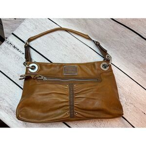 B. Makowsky Brown Leather Shoulder Bag Leopard Print Lining Casual